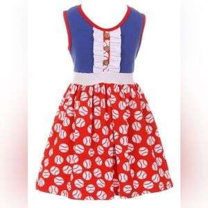Red & Blue Baseball Print Sleeveless Sundress with Ruffle and Buttons Girls 2XL